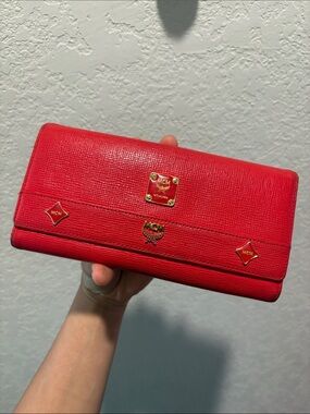 MCM Red Leather Continental Wallet with Gold Hardware